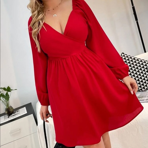 Rose red plus size bishop sleeve mini dress - Picture 15 of 15